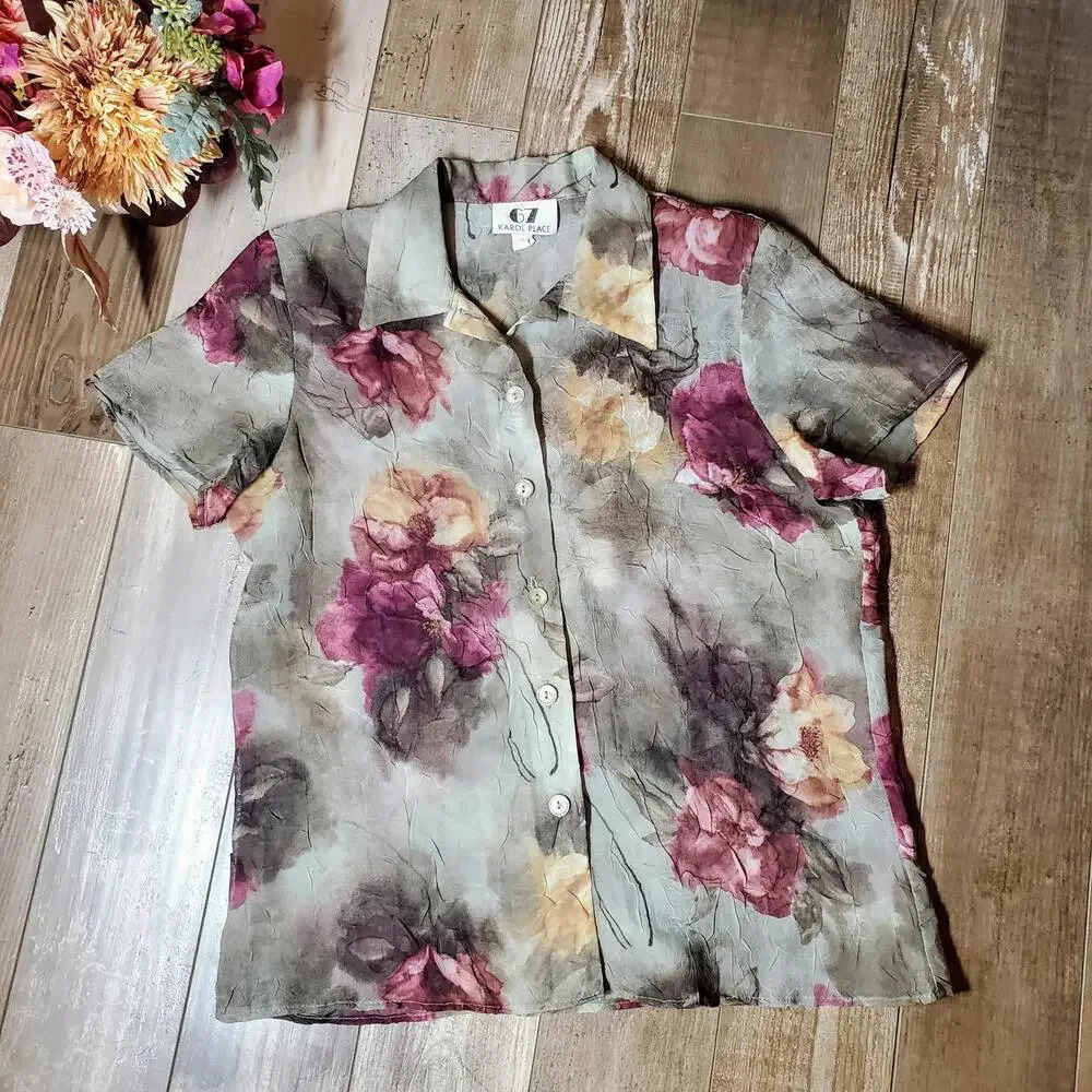 67 Karol Place Vintage Floral Sheer Short Sleeve Button Down Blouse Size Medium - Picture 2 of 12